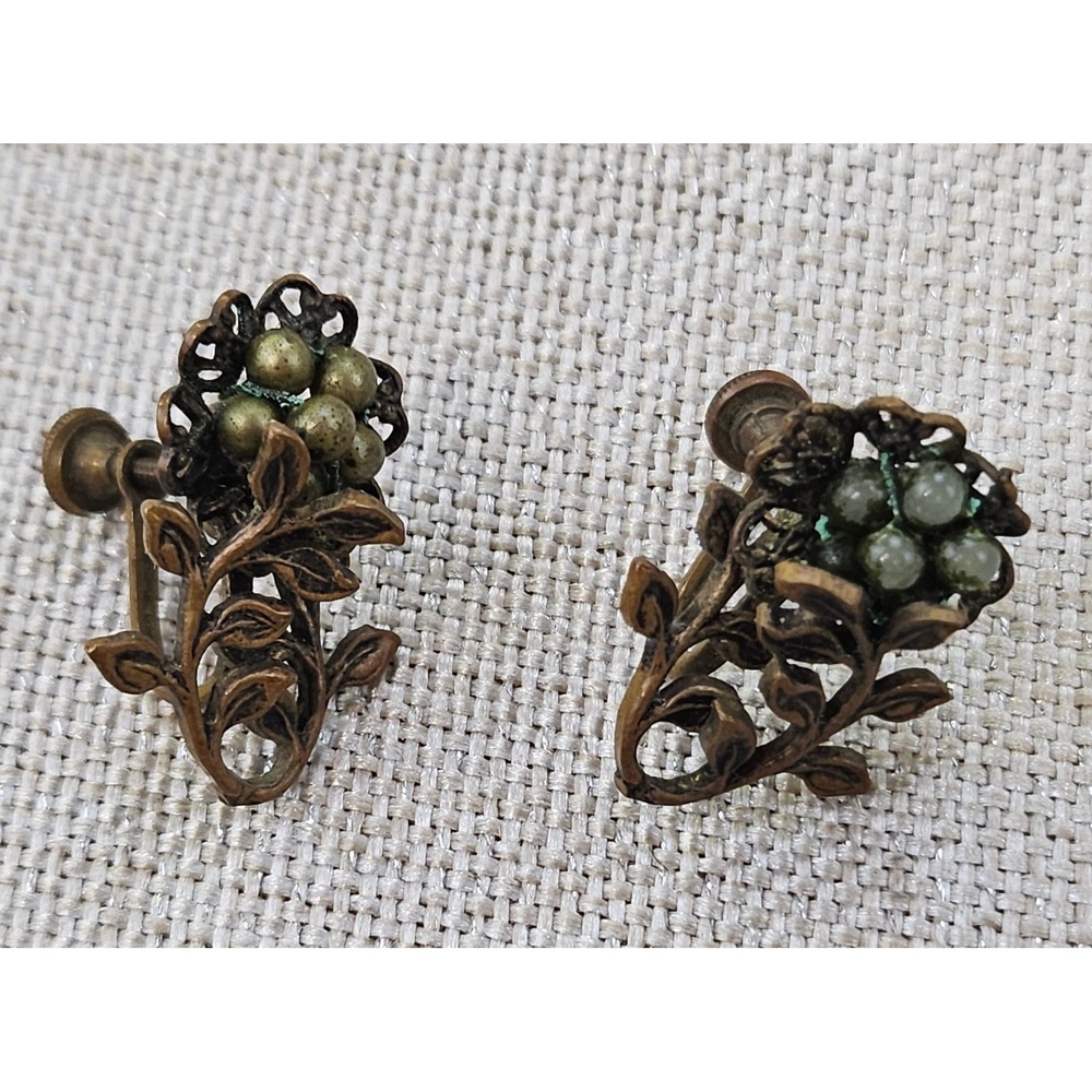 Depression Era Floral Screw Back Earrings  Bronze Tone Faux Pearl 1920s 1930s